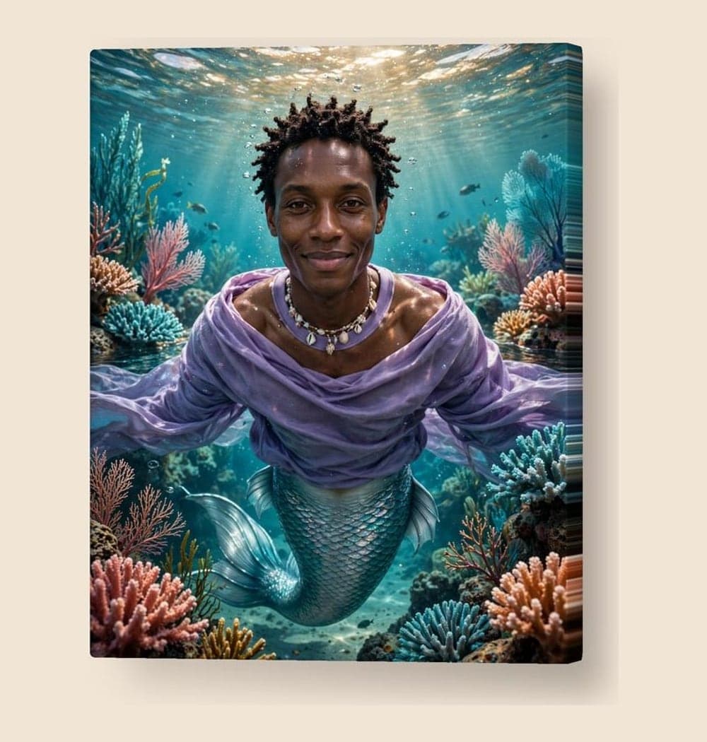 The person in the photo as an original mermaid or merman exploring a luminous coral garden, on a canvas (example made with AI)