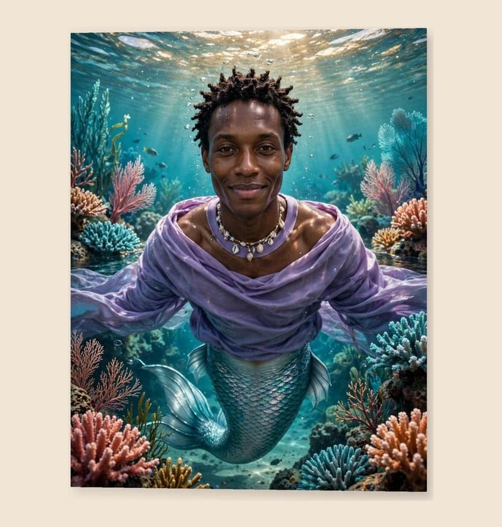 The person in the photo as an original mermaid or merman exploring a luminous coral garden, on a matte poster (example made with AI)