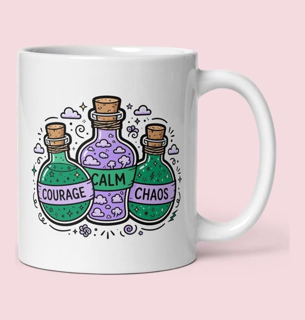 A compact illustrated cluster of three whimsical potion bottles labeled “COURAGE,” “CALM,” and “CHAOS.” Fill them with tiny stars, clouds, and sparks, on a mug (example made with AI)