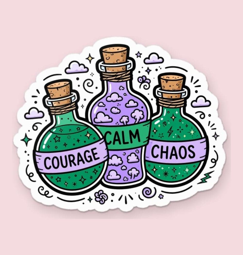 A compact illustrated cluster of three whimsical potion bottles labeled “COURAGE,” “CALM,” and “CHAOS.” Fill them with tiny stars, clouds, and sparks, as a sticker (example made with AI)