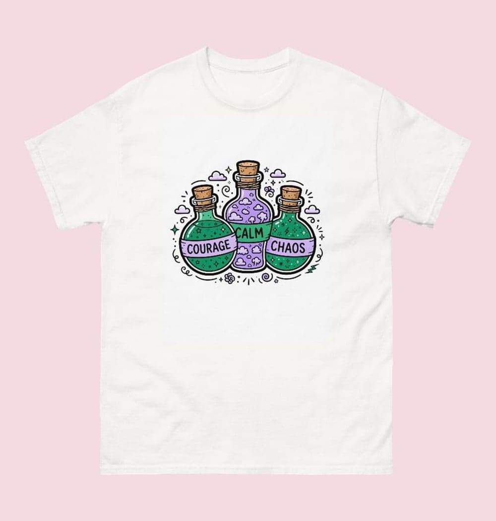 A compact illustrated cluster of three whimsical potion bottles labeled “COURAGE,” “CALM,” and “CHAOS.” Fill them with tiny stars, clouds, and sparks, on a t-shirt (example made with AI)