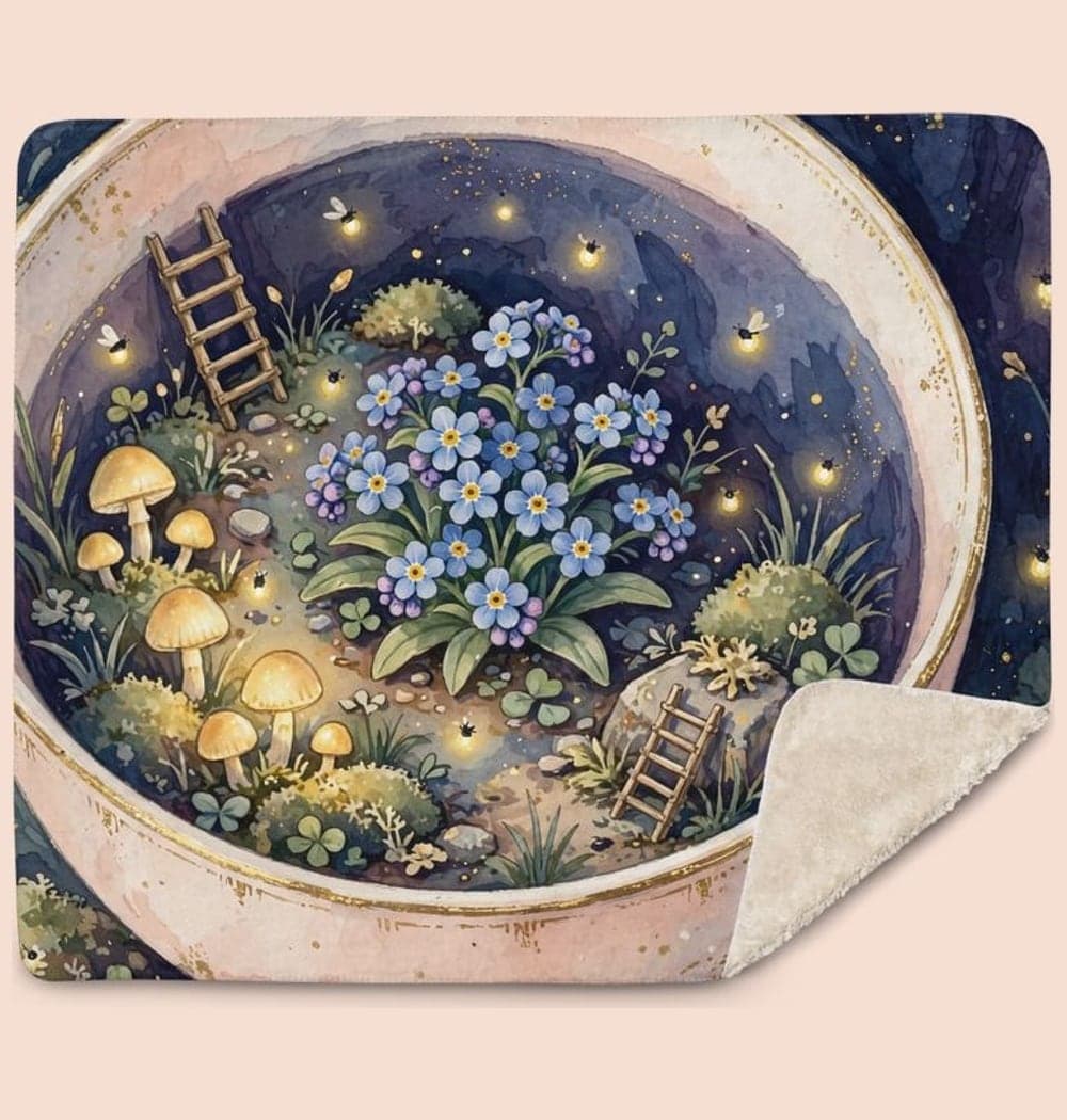 A tiny fairy garden growing inside an open teacup, with glowing mushrooms, miniature ladders, and firefly lights, on a blanket (example made with AI)