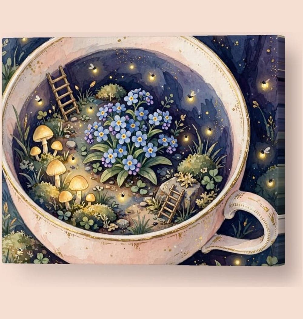 A tiny fairy garden growing inside an open teacup, with glowing mushrooms, miniature ladders, and firefly lights, on a canvas (example made with AI)
