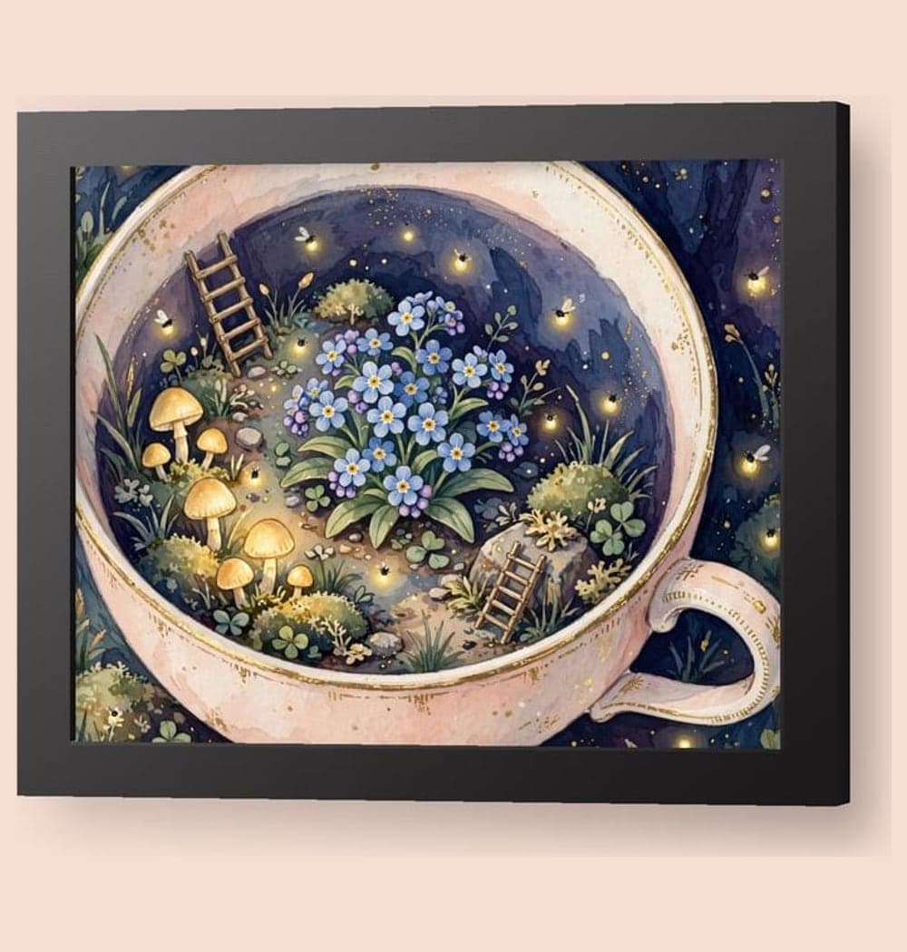 A tiny fairy garden growing inside an open teacup, with glowing mushrooms, miniature ladders, and firefly lights, on a framed print (example made with AI)