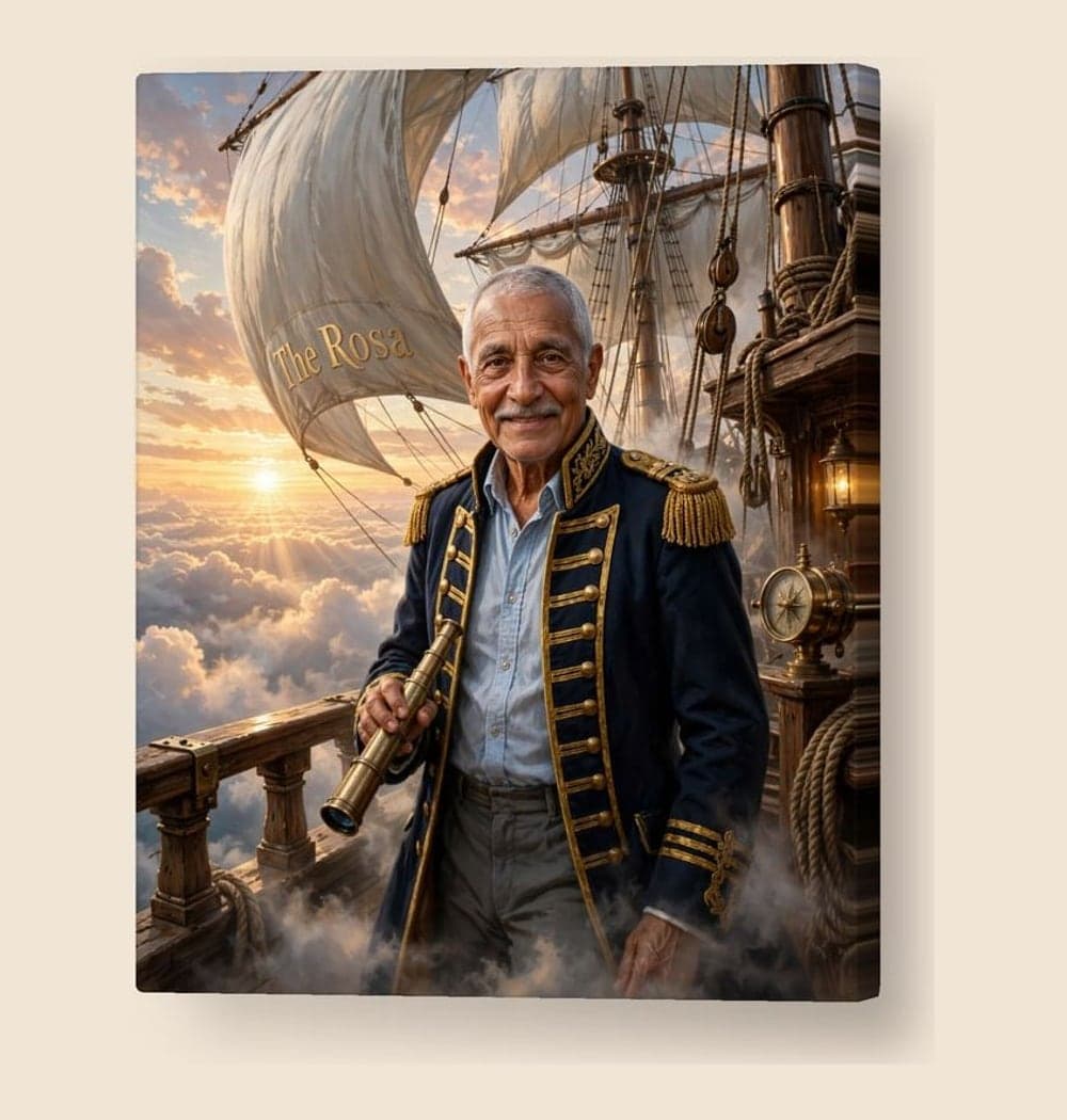 The person in the photo as the captain of an original flying ship sailing above clouds, on a canvas (example made with AI)