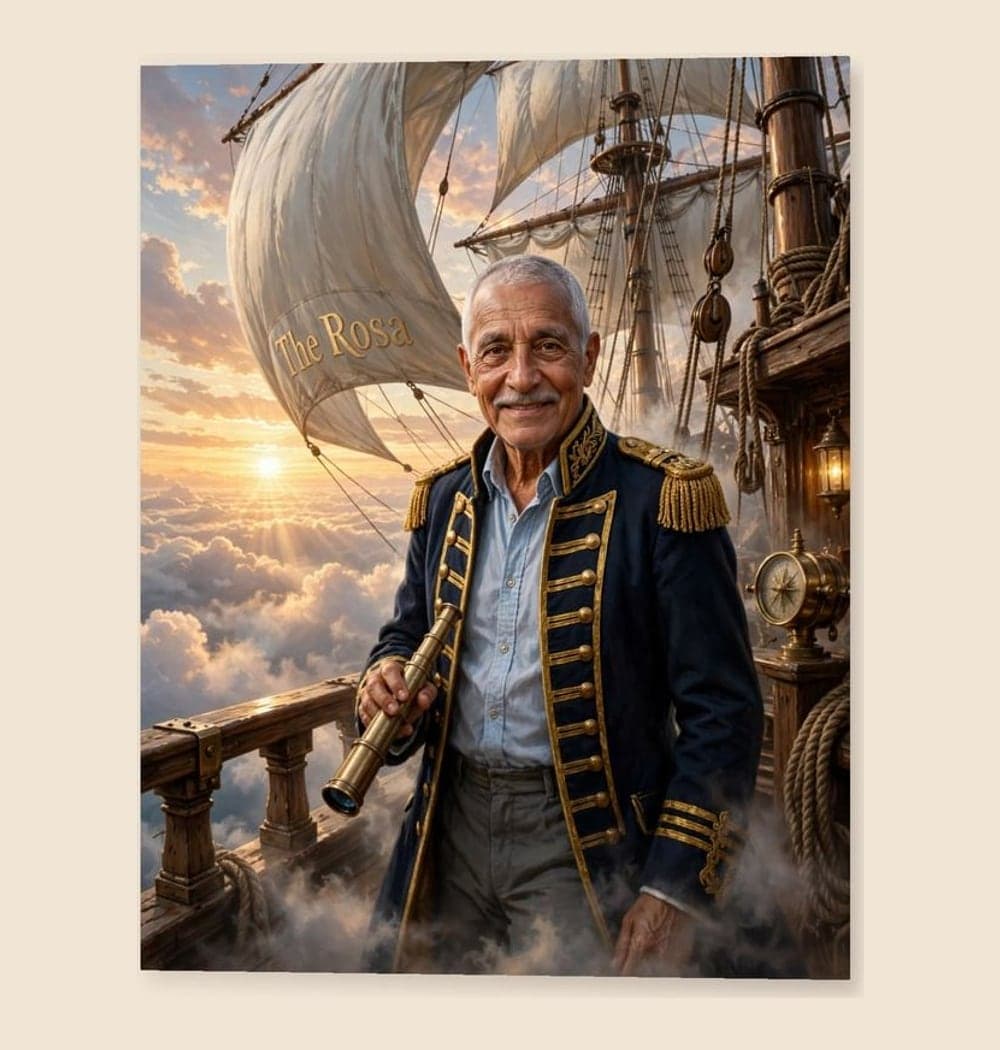 The person in the photo as the captain of an original flying ship sailing above clouds, on a matte poster (example made with AI)