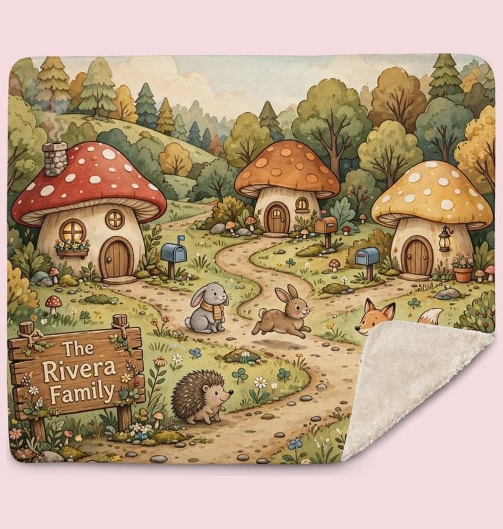 A whimsical village of mushroom houses with tiny mailboxes, winding paths, and friendly woodland residents, on a blanket (example made with AI)
