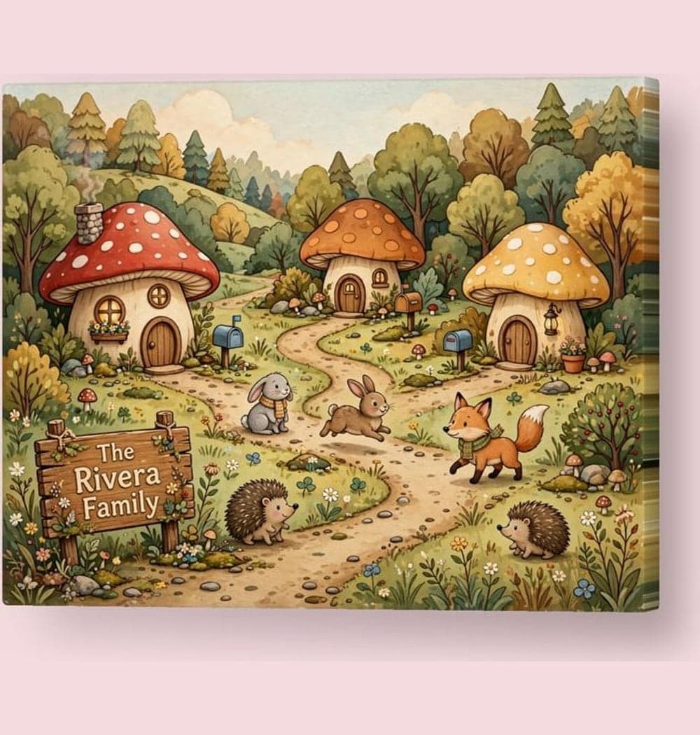A whimsical village of mushroom houses with tiny mailboxes, winding paths, and friendly woodland residents, on a canvas (example made with AI)