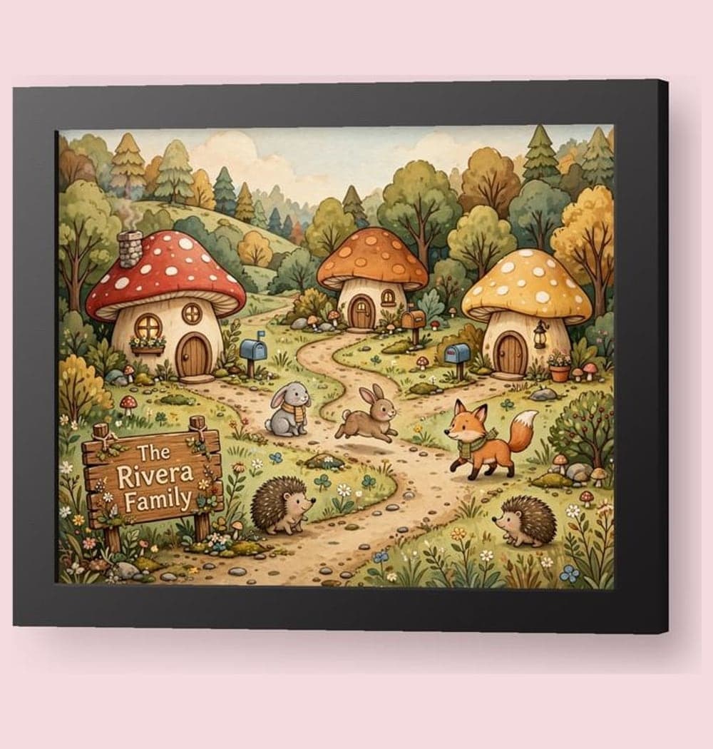 A whimsical village of mushroom houses with tiny mailboxes, winding paths, and friendly woodland residents, on a framed print (example made with AI)