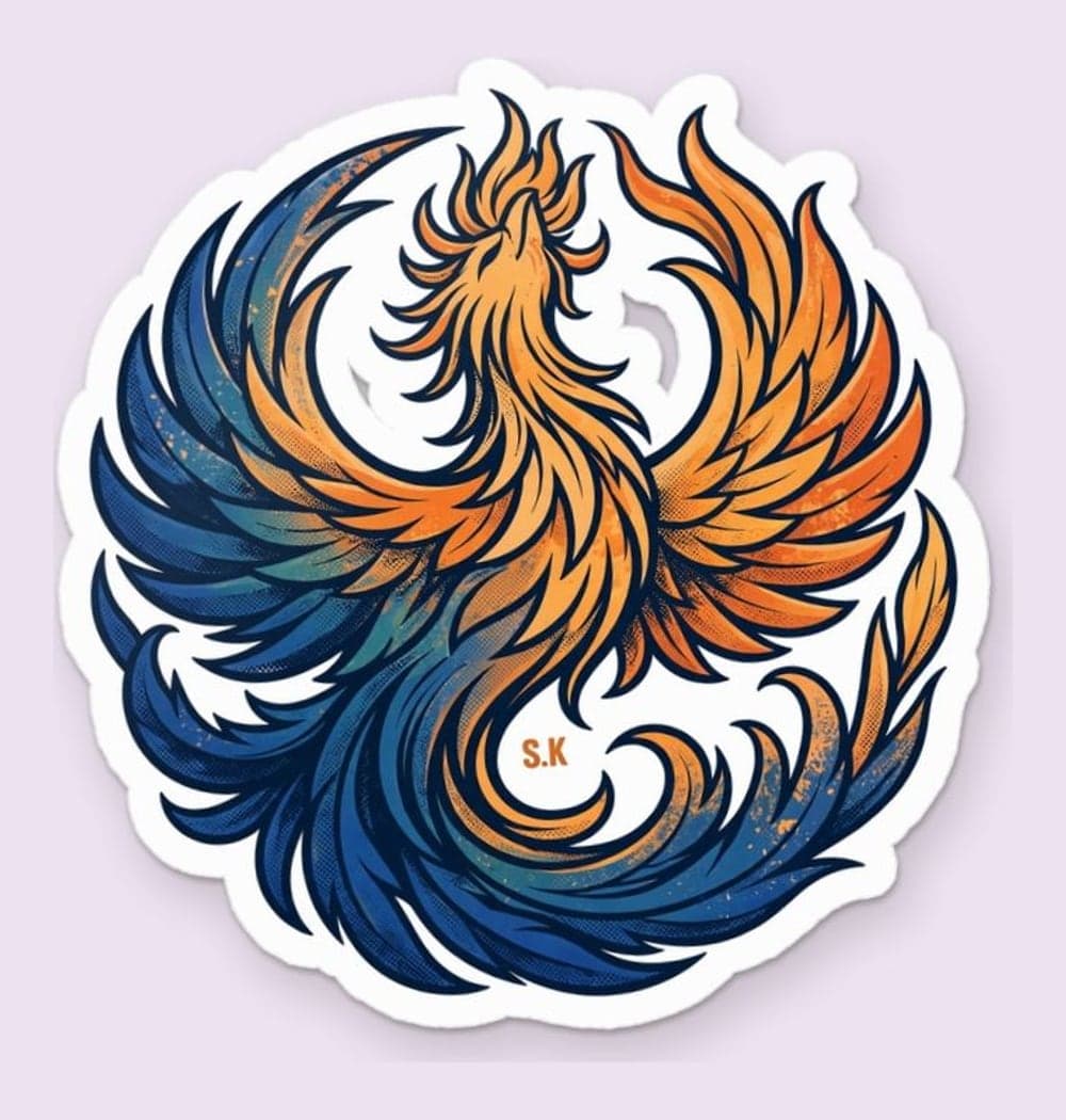 An original phoenix rising in a graceful circular composition, with feathers shifting from deep blue to warm orange, as a sticker (example made with AI)