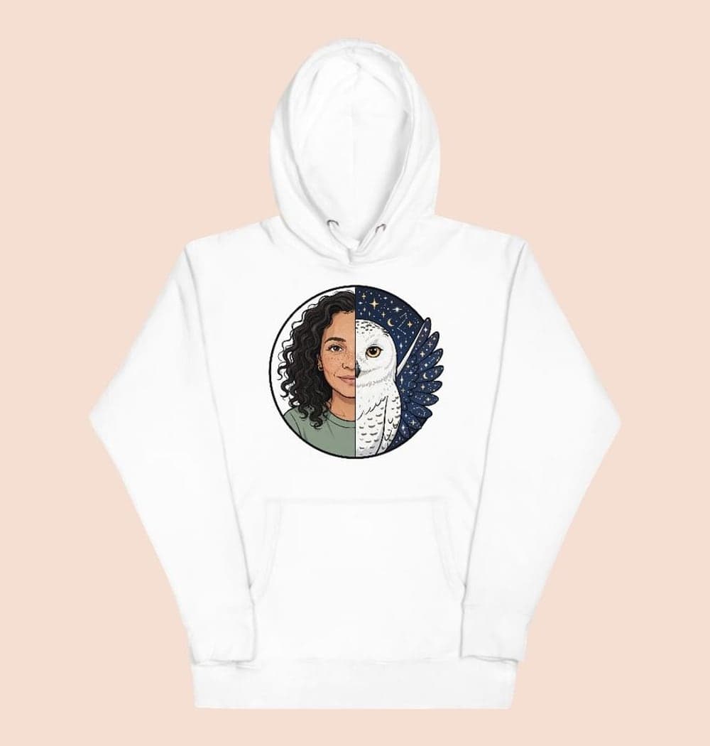 A split circular emblem pairing an illustrated portrait of me with an original fantasy animal reflecting the personality, on a hoodie (example made with AI)