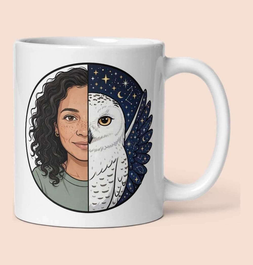 A split circular emblem pairing an illustrated portrait of me with an original fantasy animal reflecting the personality, on a mug (example made with AI)