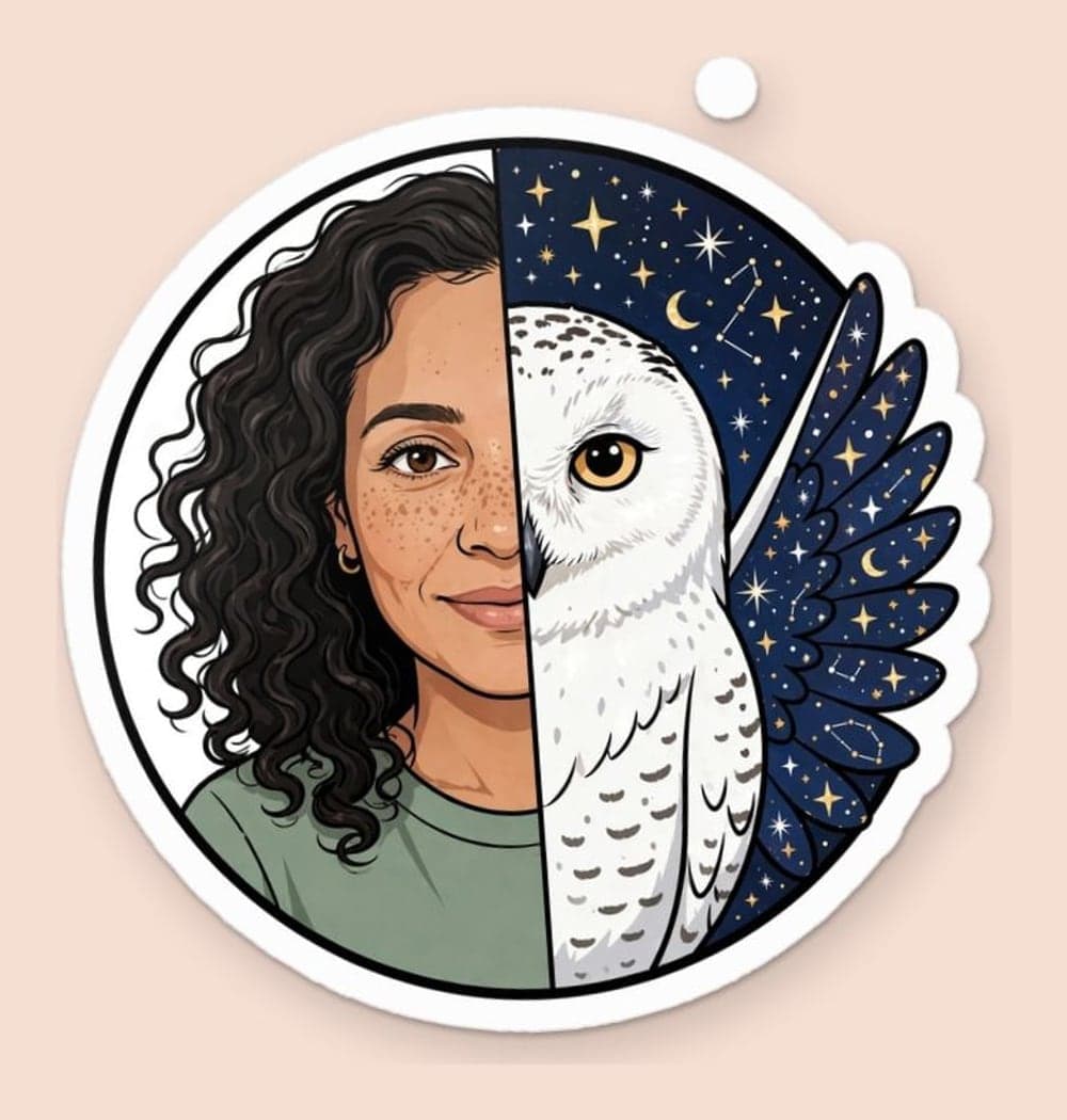 A split circular emblem pairing an illustrated portrait of me with an original fantasy animal reflecting the personality, as a sticker (example made with AI)