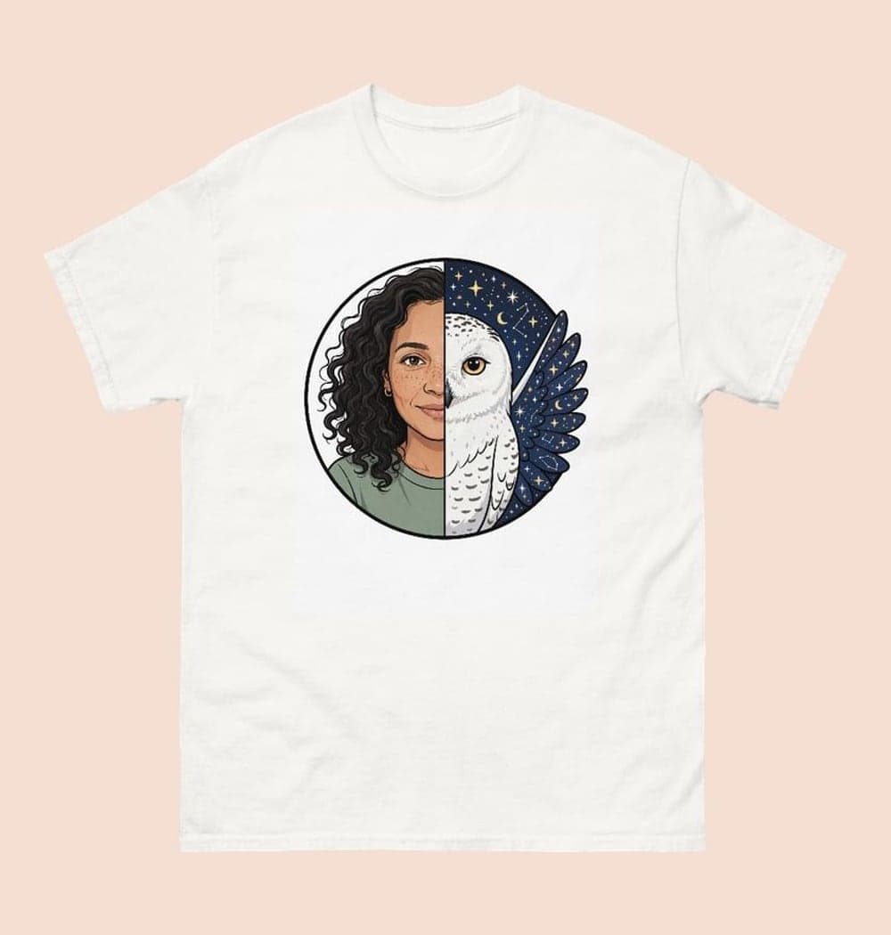 A split circular emblem pairing an illustrated portrait of me with an original fantasy animal reflecting the personality, on a t-shirt (example made with AI)