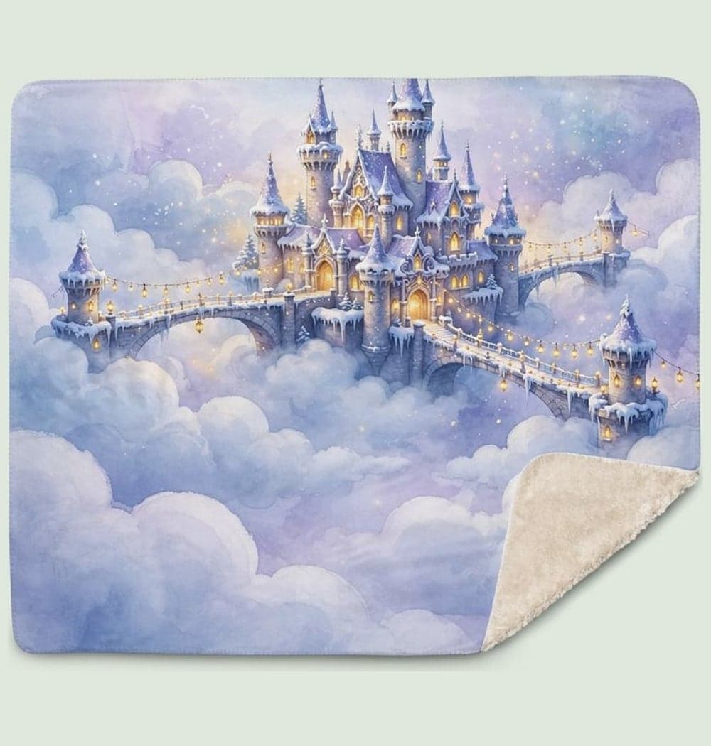 A luminous winter castle floating above soft clouds, with glowing windows, snowy bridges, and tiny festive lanterns, on a blanket (example made with AI)