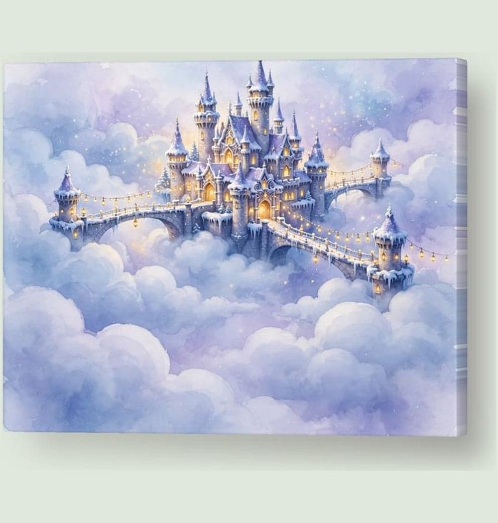 A luminous winter castle floating above soft clouds, with glowing windows, snowy bridges, and tiny festive lanterns, on a canvas (example made with AI)