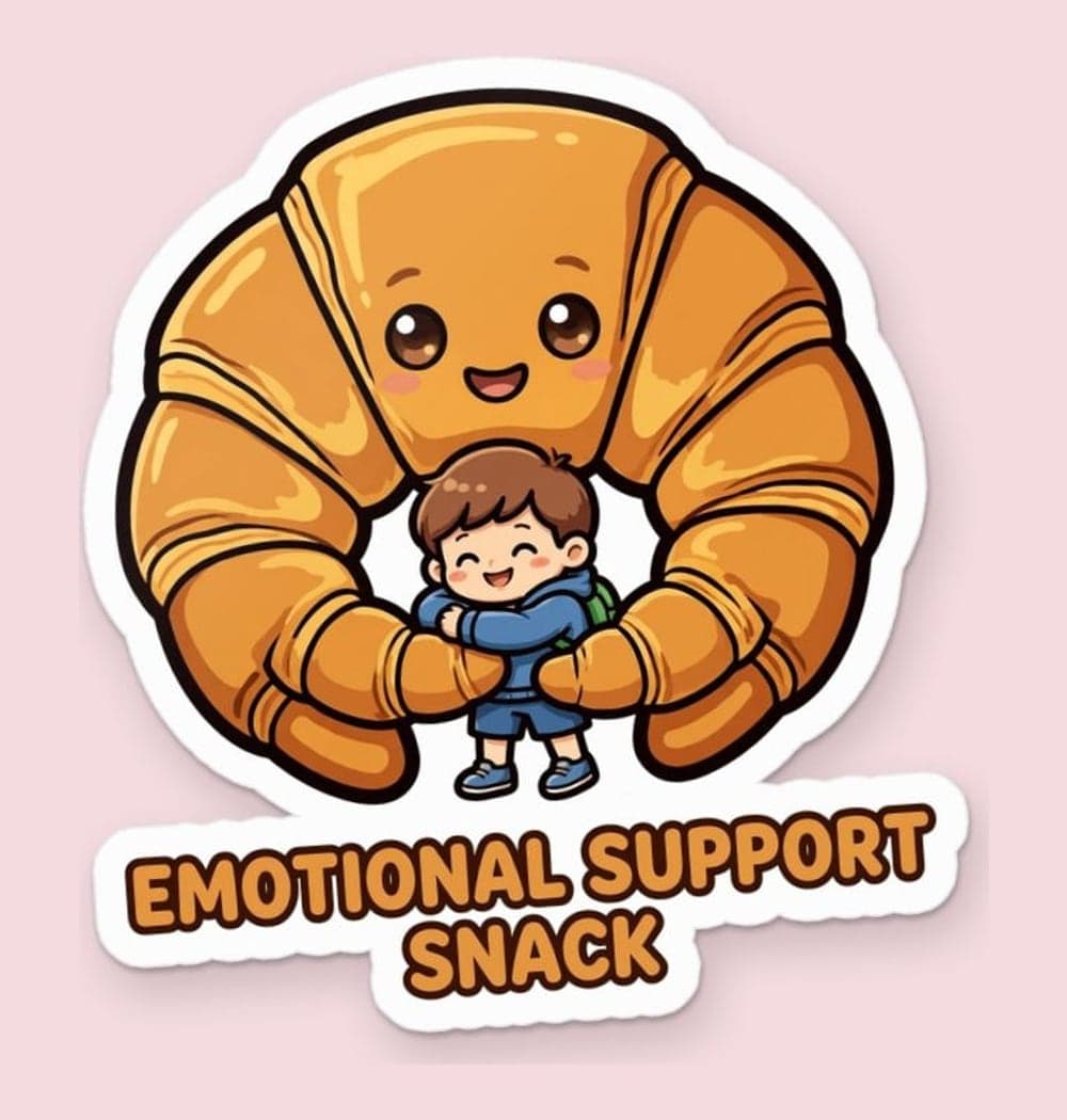 A tiny person being hugged by an oversized croissant, using warm bakery colors and a simple friendly cartoon style, as a sticker (example made with AI)