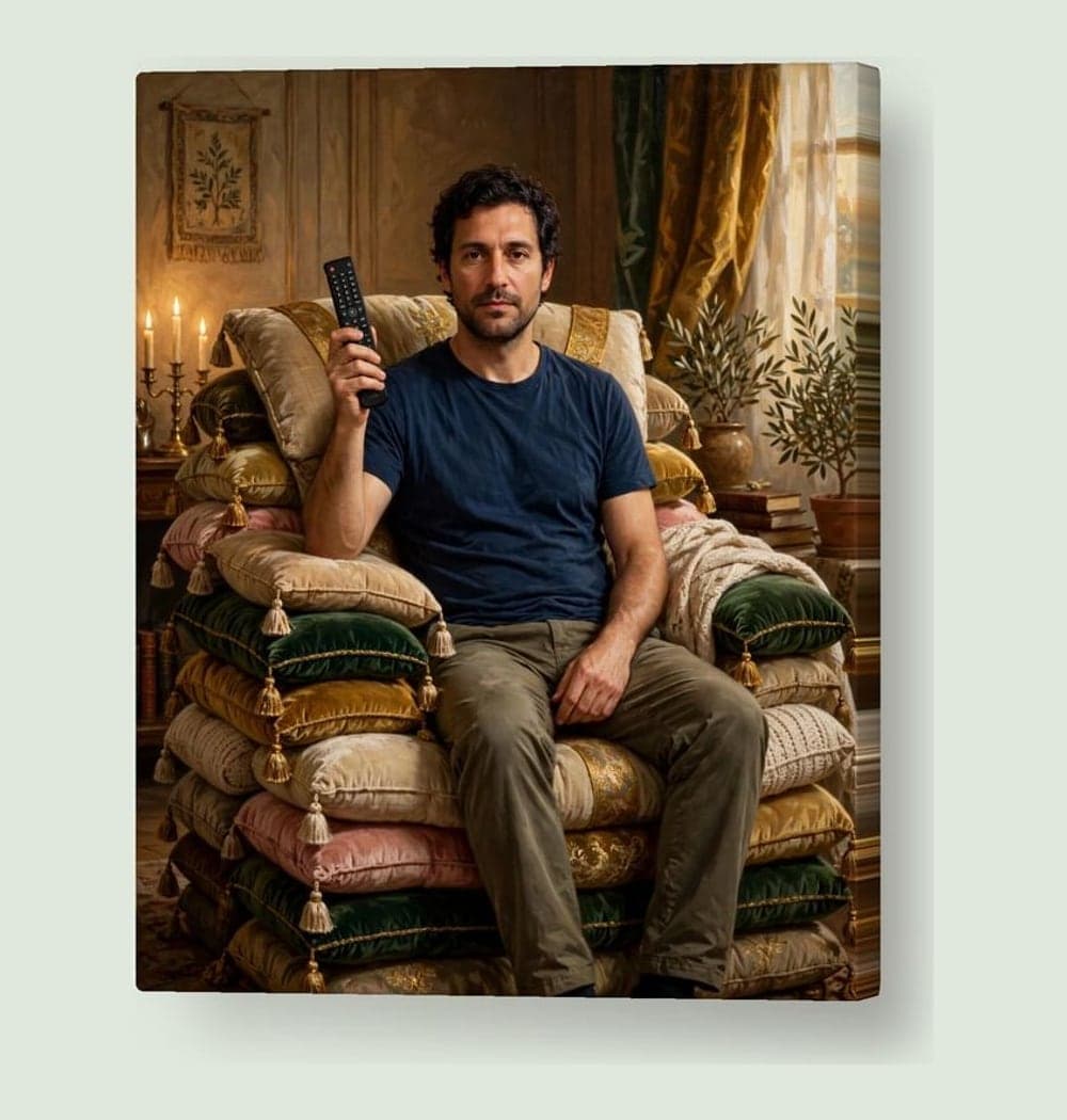 A solemn ruler seated on a throne of sofa cushions, holding a television remote like a scepter, on a canvas (example made with AI)