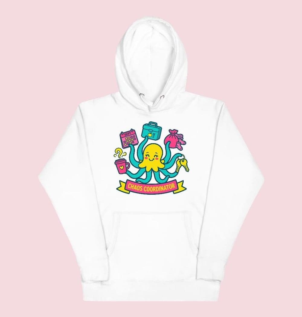 An original cartoon of a cheerful octopus juggling a calendar, laundry, a lunchbox, keys, and coffee, on a hoodie (example made with AI)