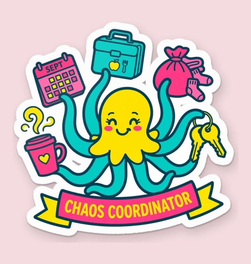 An original cartoon of a cheerful octopus juggling a calendar, laundry, a lunchbox, keys, and coffee, as a sticker (example made with AI)