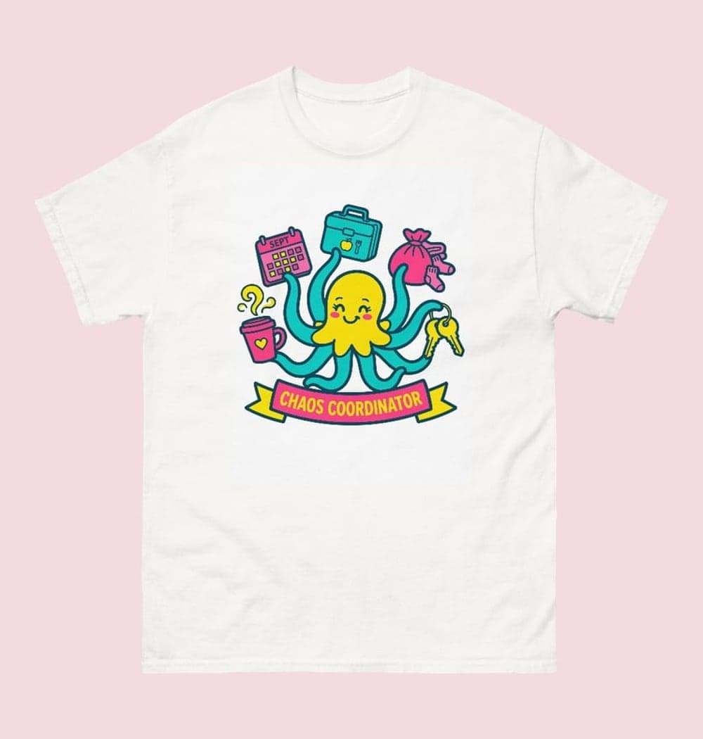 An original cartoon of a cheerful octopus juggling a calendar, laundry, a lunchbox, keys, and coffee, on a t-shirt (example made with AI)