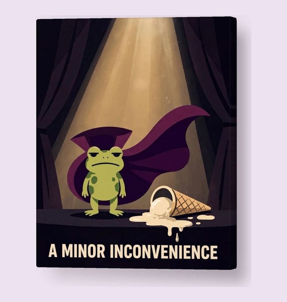 A tiny frog in a sweeping theatrical cape, standing under a spotlight beside a dropped ice-cream cone, on a canvas (example made with AI)