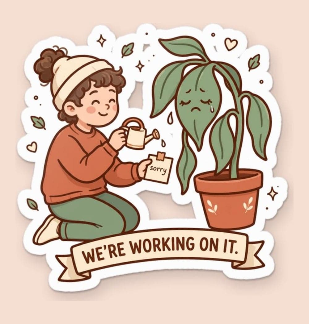 A gentle cartoon of a person offering a tiny watering can and an apology note to a melodramatically drooping houseplant, as a sticker (example made with AI)