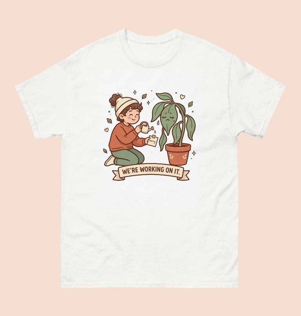 A gentle cartoon of a person offering a tiny watering can and an apology note to a melodramatically drooping houseplant, on a t-shirt (example made with AI)
