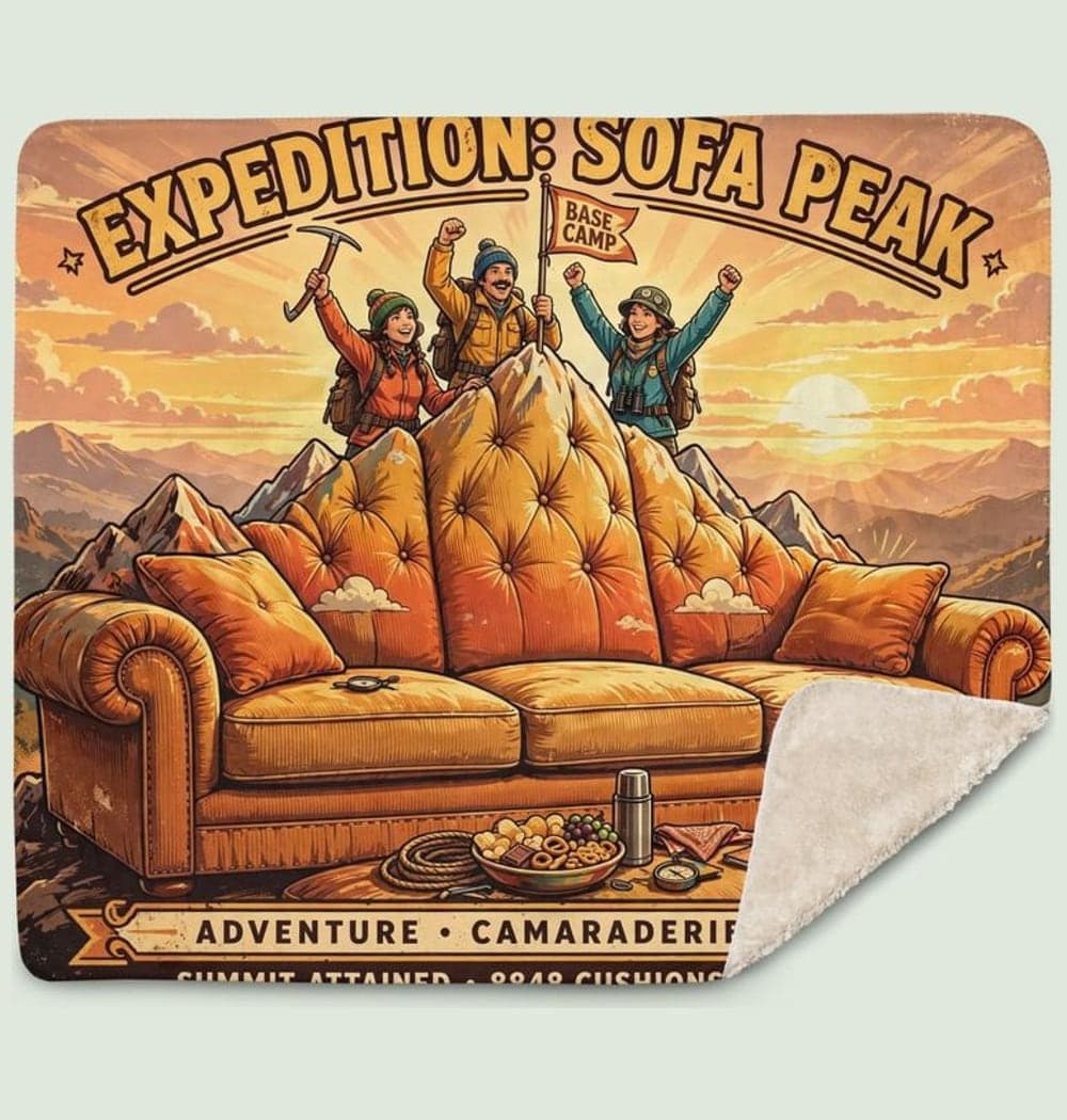 A retro adventure poster showing explorers triumphantly reaching the summit of a giant sofa, on a blanket (example made with AI)