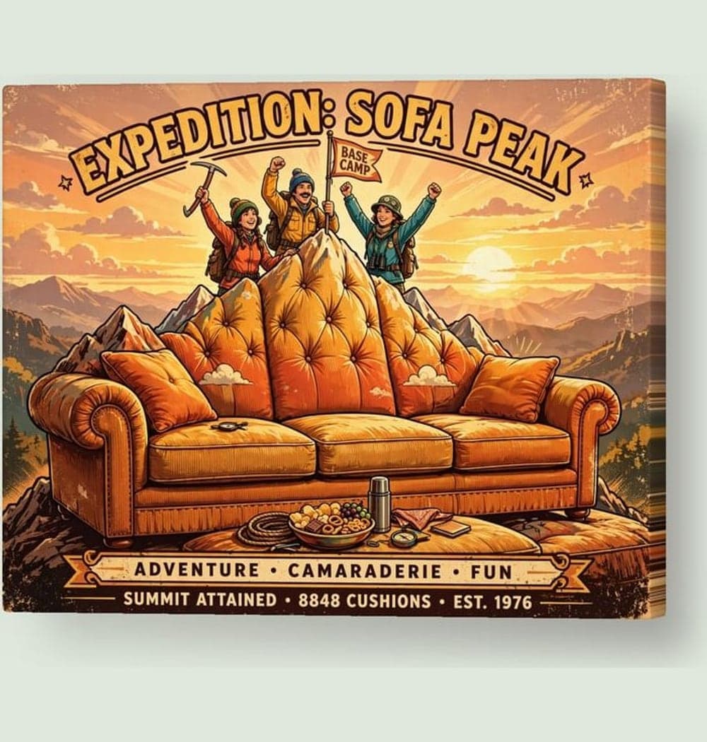 A retro adventure poster showing explorers triumphantly reaching the summit of a giant sofa, on a canvas (example made with AI)