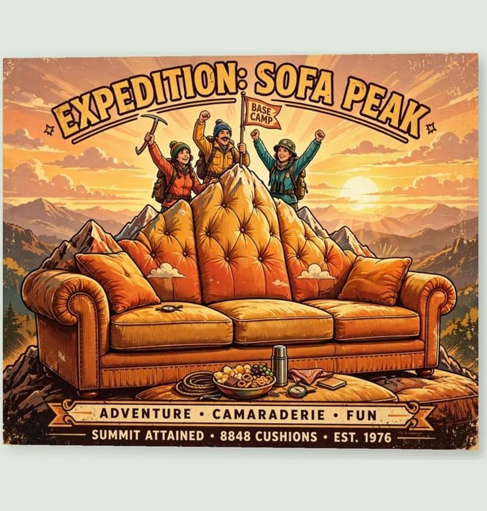 A retro adventure poster showing explorers triumphantly reaching the summit of a giant sofa, on a matte poster (example made with AI)