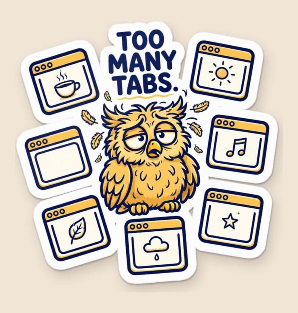 A slightly frazzled original owl surrounded by floating browser-window shapes, each showing a simple unrelated doodle, as a sticker (example made with AI)