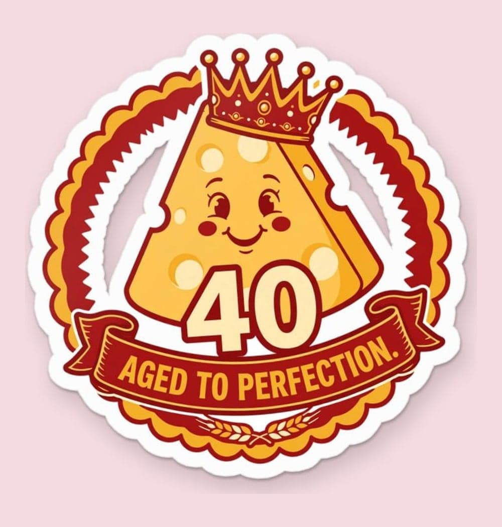 A playful vintage cheese-label design featuring a smiling wedge wearing a birthday crown, as a sticker (example made with AI)