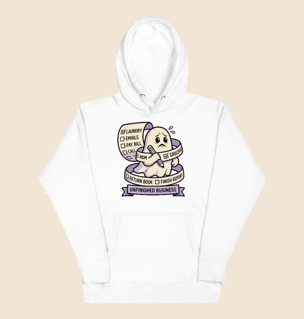 A friendly ghost tangled in a long checklist, holding a pencil with a worried expression, on a hoodie (example made with AI)