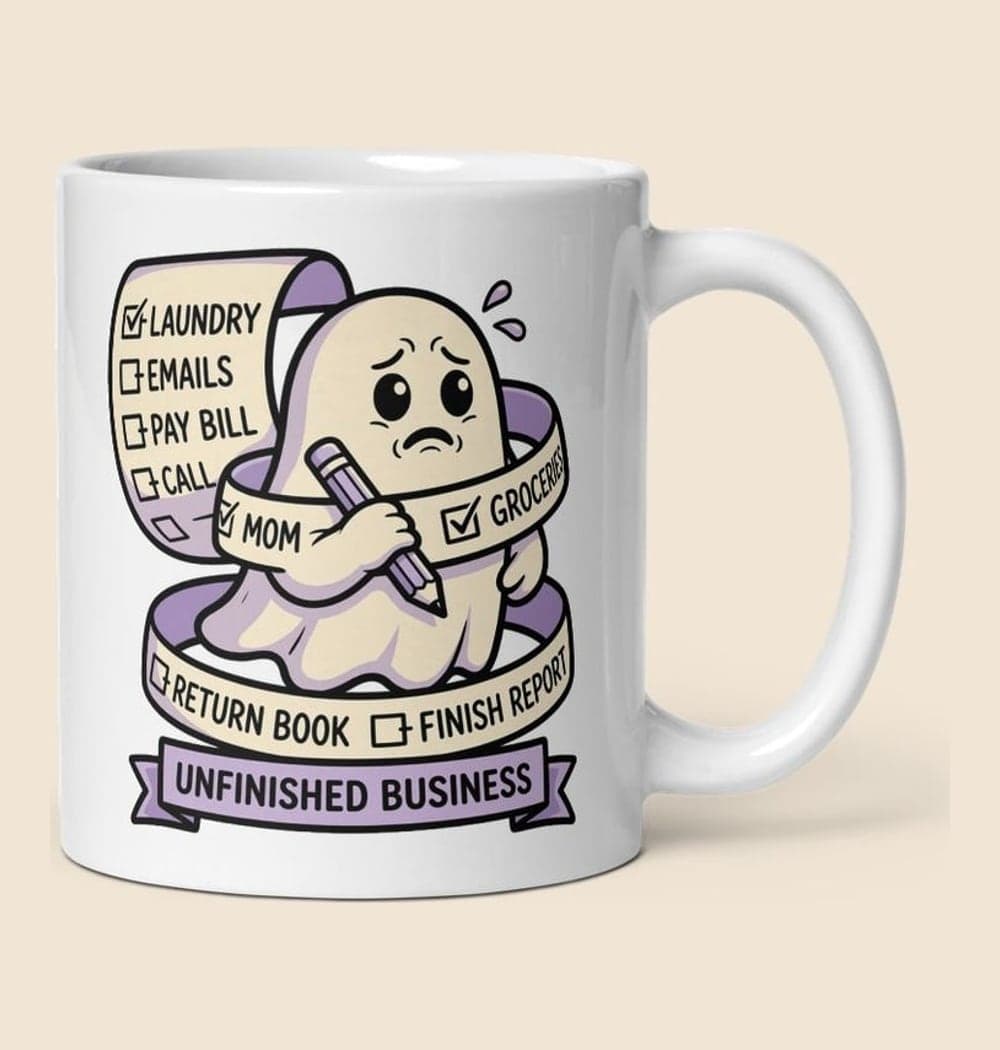 A friendly ghost tangled in a long checklist, holding a pencil with a worried expression, on a mug (example made with AI)