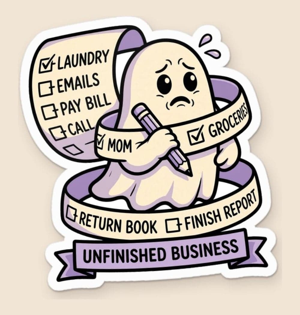 A friendly ghost tangled in a long checklist, holding a pencil with a worried expression, as a sticker (example made with AI)