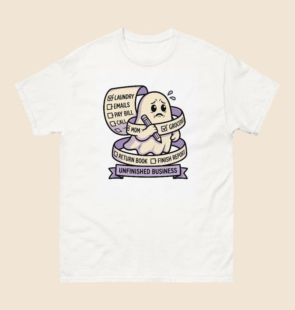 A friendly ghost tangled in a long checklist, holding a pencil with a worried expression, on a t-shirt (example made with AI)
