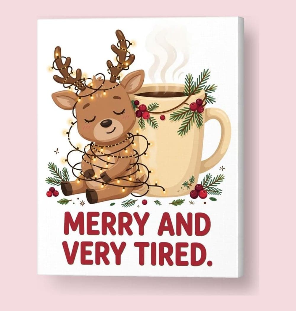 A sleepy reindeer wrapped in tangled fairy lights, leaning against an oversized coffee mug, on a canvas (example made with AI)