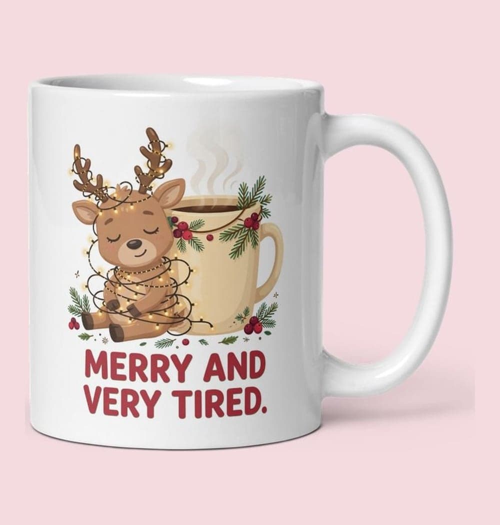 A sleepy reindeer wrapped in tangled fairy lights, leaning against an oversized coffee mug, on a mug (example made with AI)
