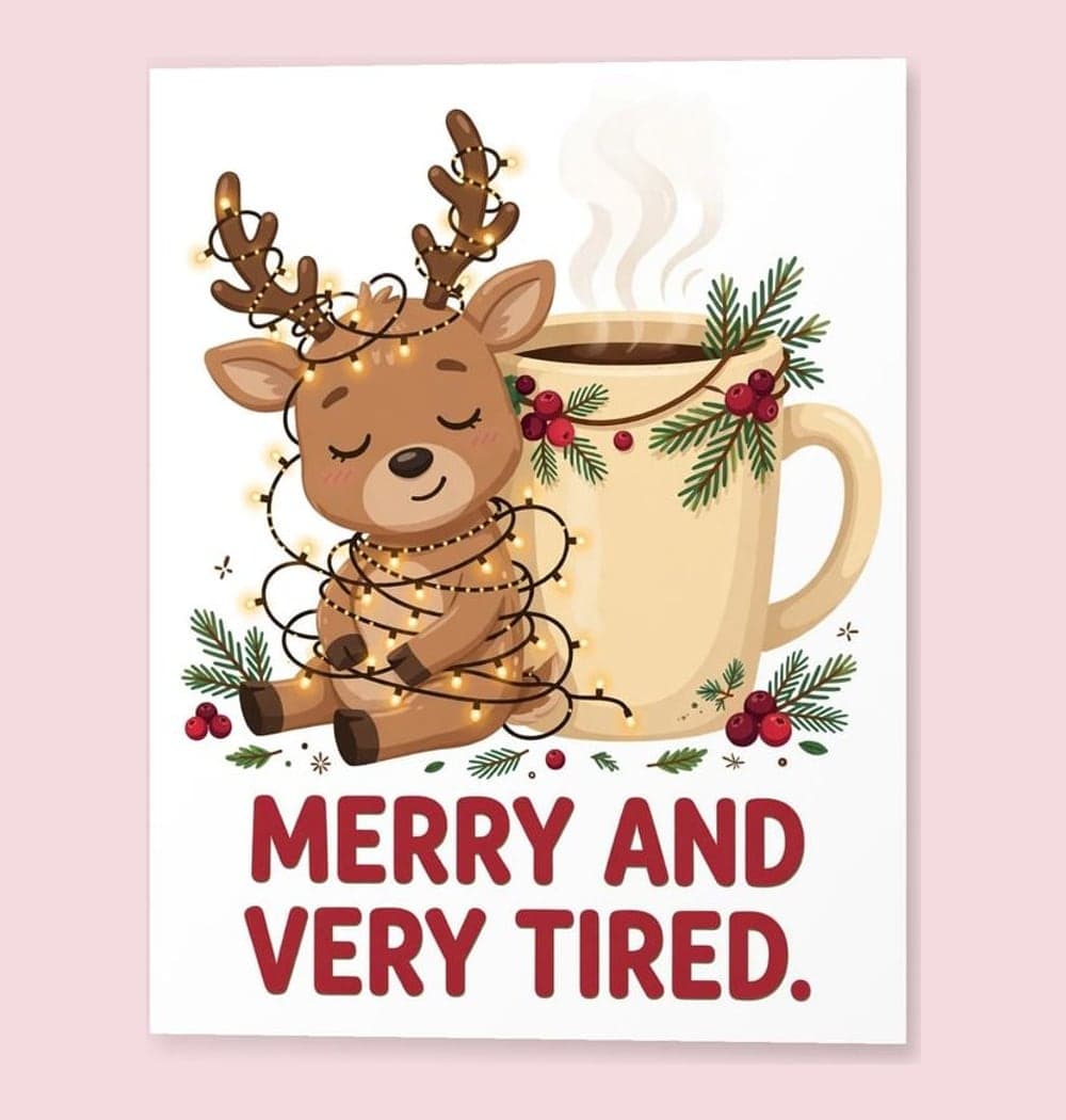 A sleepy reindeer wrapped in tangled fairy lights, leaning against an oversized coffee mug, on a matte poster (example made with AI)