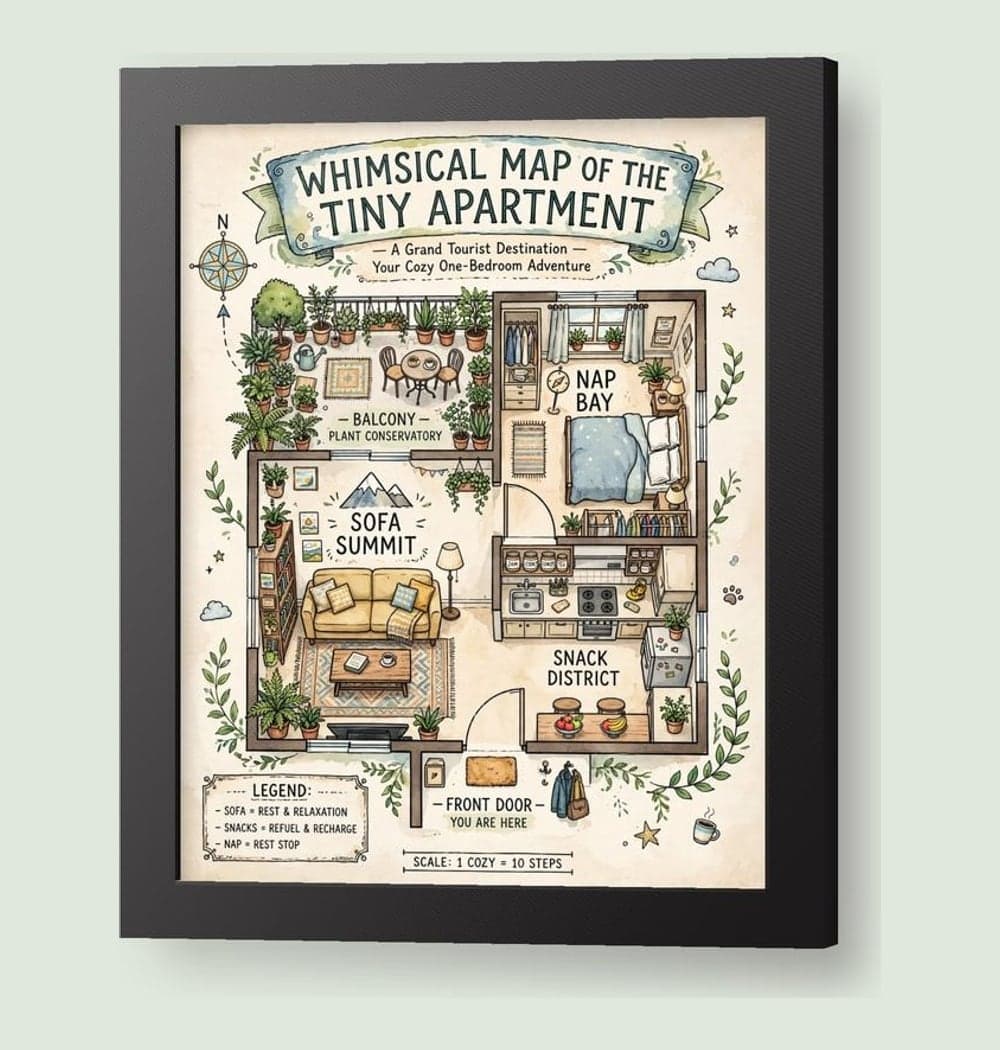 A whimsical map of a tiny apartment as though it were a grand tourist destination, with landmarks labeled “SOFA SUMMIT,” “SNACK DISTRICT,” and “NAP BAY.” Use friendly illustrated map styling, clear lettering, and a balanced composition based on the room layout, on a framed print (example made with AI)