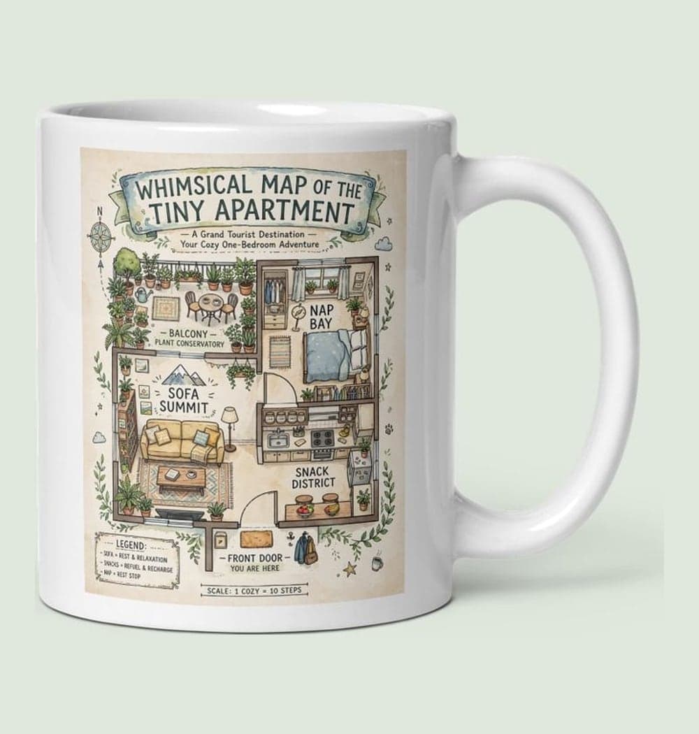 A whimsical map of a tiny apartment as though it were a grand tourist destination, with landmarks labeled “SOFA SUMMIT,” “SNACK DISTRICT,” and “NAP BAY.” Use friendly illustrated map styling, clear lettering, and a balanced composition based on the room layout, on a mug (example made with AI)