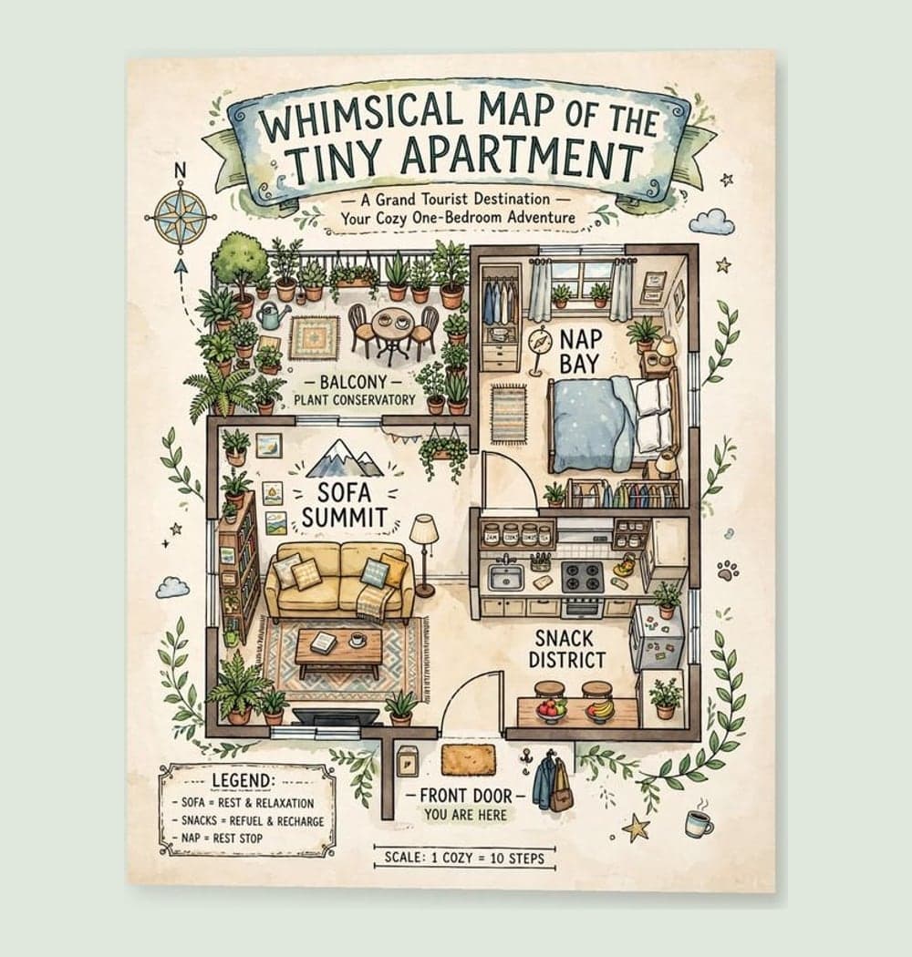 A whimsical map of a tiny apartment as though it were a grand tourist destination, with landmarks labeled “SOFA SUMMIT,” “SNACK DISTRICT,” and “NAP BAY.” Use friendly illustrated map styling, clear lettering, and a balanced composition based on the room layout, on a matte poster (example made with AI)