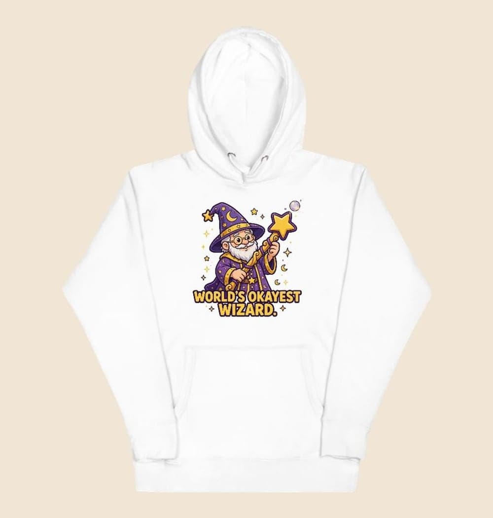An original cartoon wizard proudly conjuring one tiny soap bubble from an oversized wand, on a hoodie (example made with AI)
