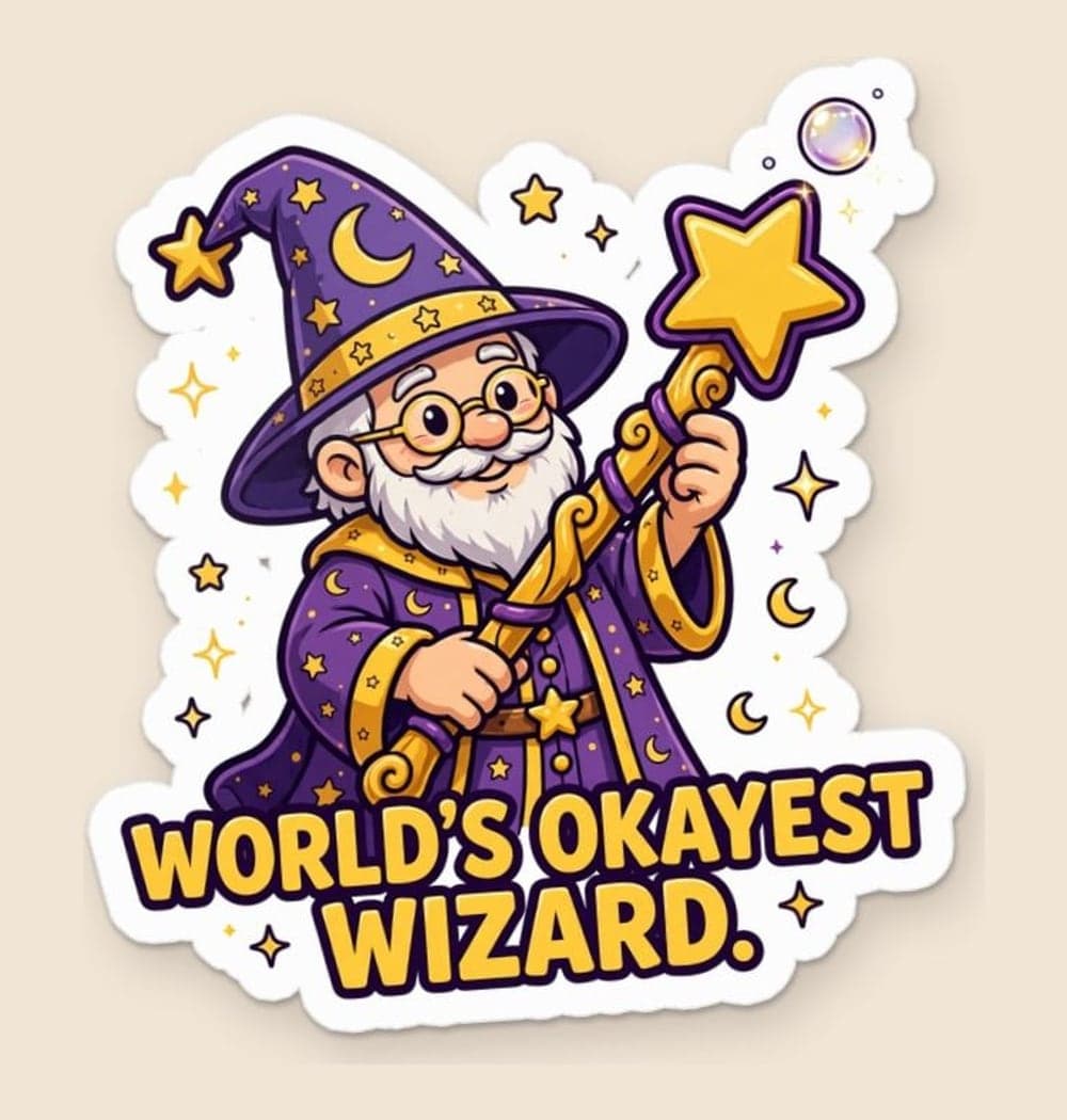 An original cartoon wizard proudly conjuring one tiny soap bubble from an oversized wand, as a sticker (example made with AI)