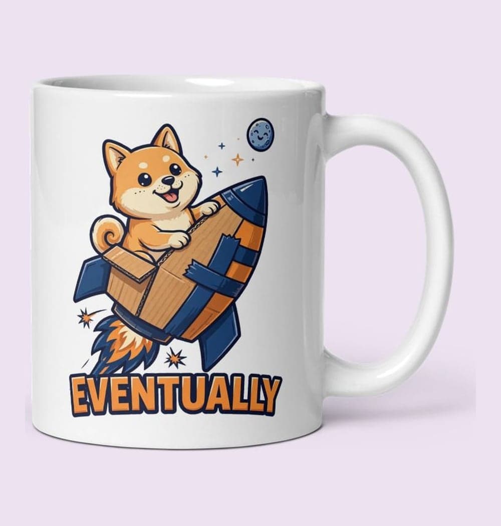 An original cheerful shiba-like dog riding a homemade cardboard rocket toward a tiny moon, on a mug (example made with AI)