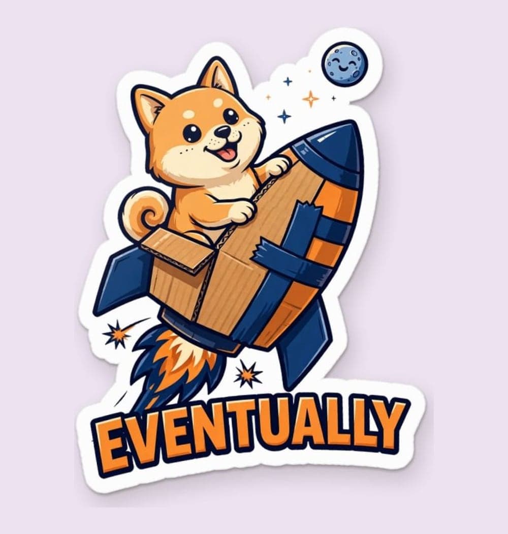 An original cheerful shiba-like dog riding a homemade cardboard rocket toward a tiny moon, as a sticker (example made with AI)