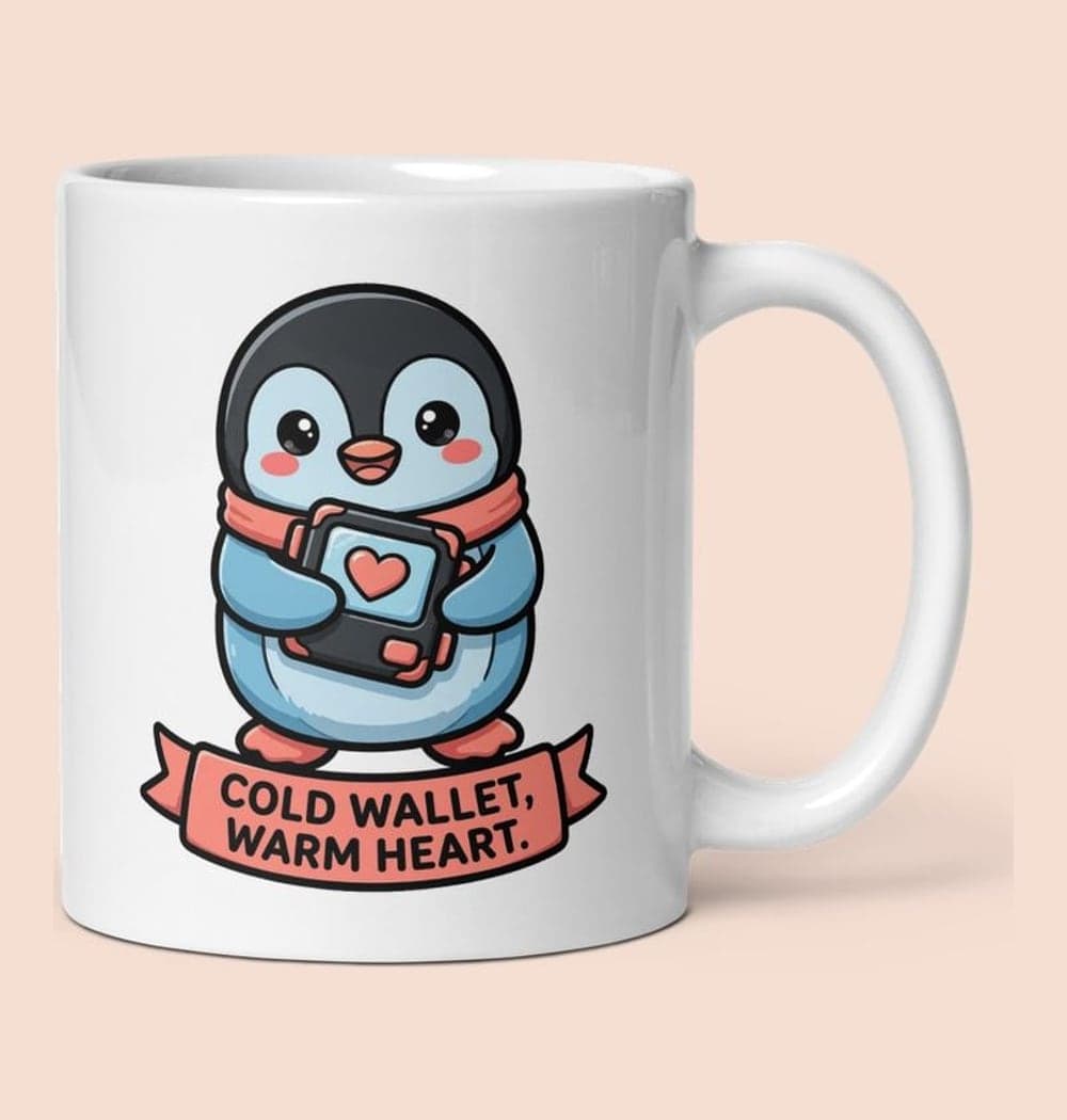 An original cartoon penguin hugging a small generic hardware wallet with a heart on its screen, on a mug (example made with AI)