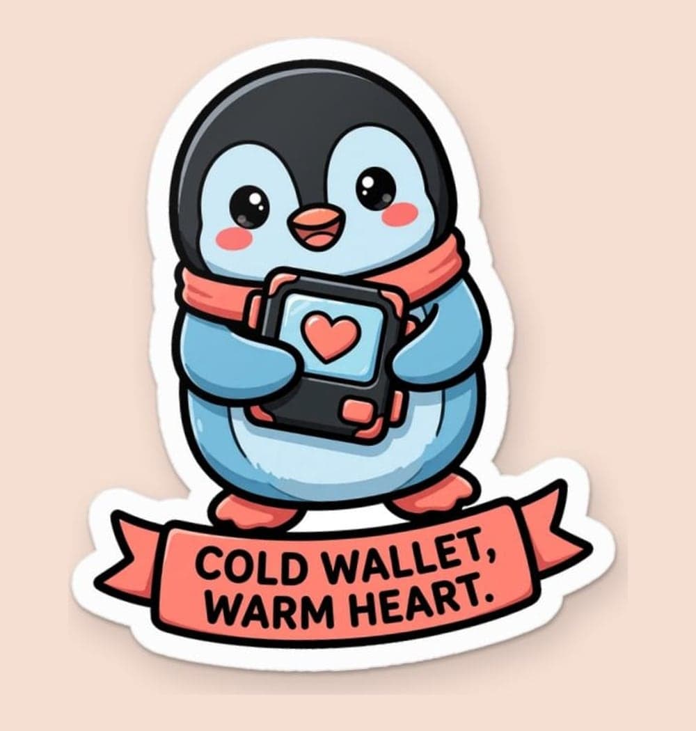 An original cartoon penguin hugging a small generic hardware wallet with a heart on its screen, as a sticker (example made with AI)