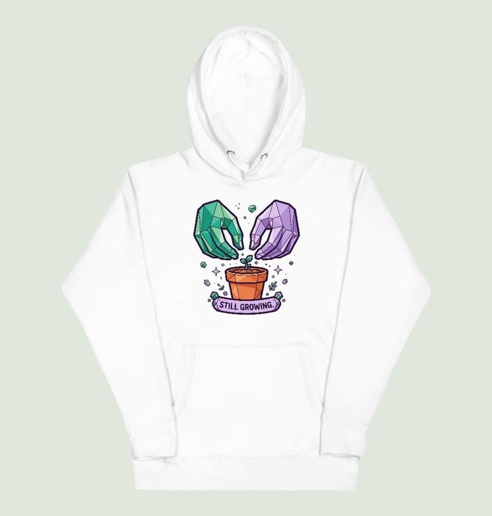 Two stylized crystalline hands patiently tending a tiny sprout in a terracotta pot, on a hoodie (example made with AI)